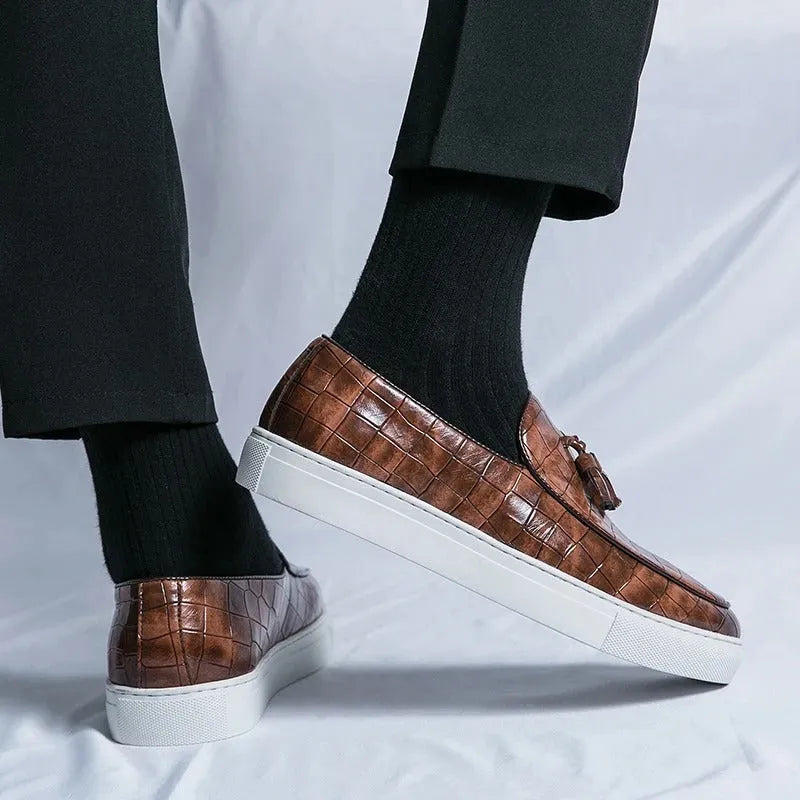 Plus size men's artificial PU leather sneakers with round toe and rubber sole in black, brown, or white