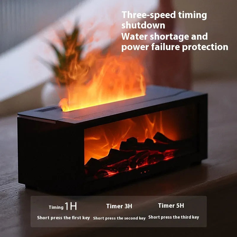 Square flame aromatherapy diffuser with 3D flame effect and colourful base lighting on desktop