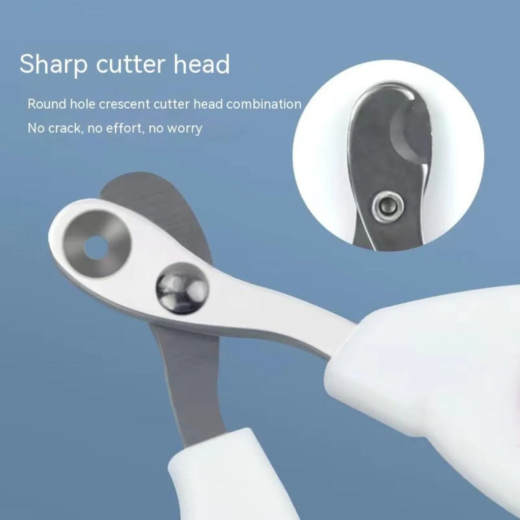 Blue handled pet nail clippers showing circular cut hole with 2mm fixed aperture and stainless steel blade.