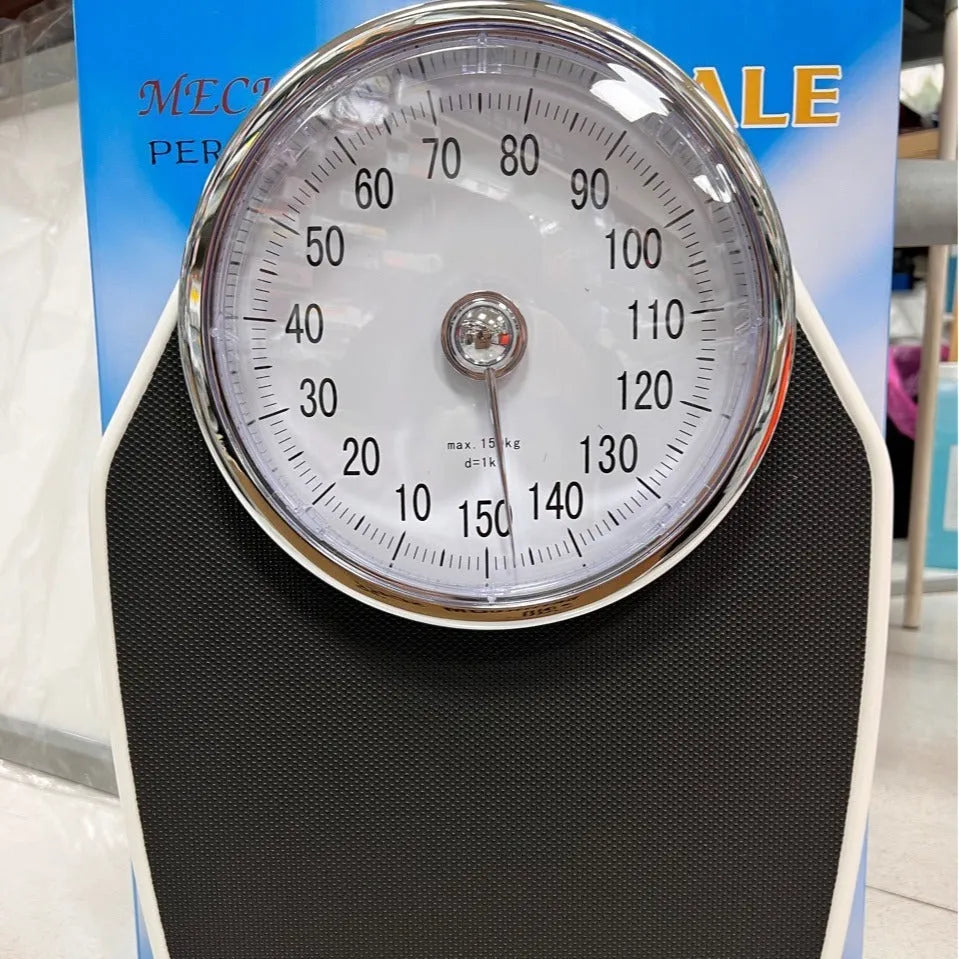 Large black mechanical body weight scale with dial pointer and 47cm platform