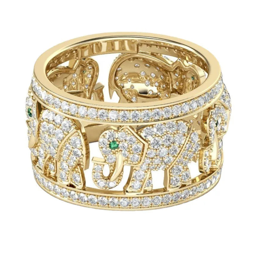 Creative full diamond elephant design fashion ring in electroplated alloy on a hand.