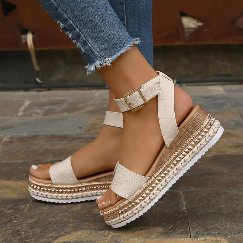 Women's plus size platform sandals with rope bottom, fish mouth toe, buckle fastening, in white, black, or apricot.