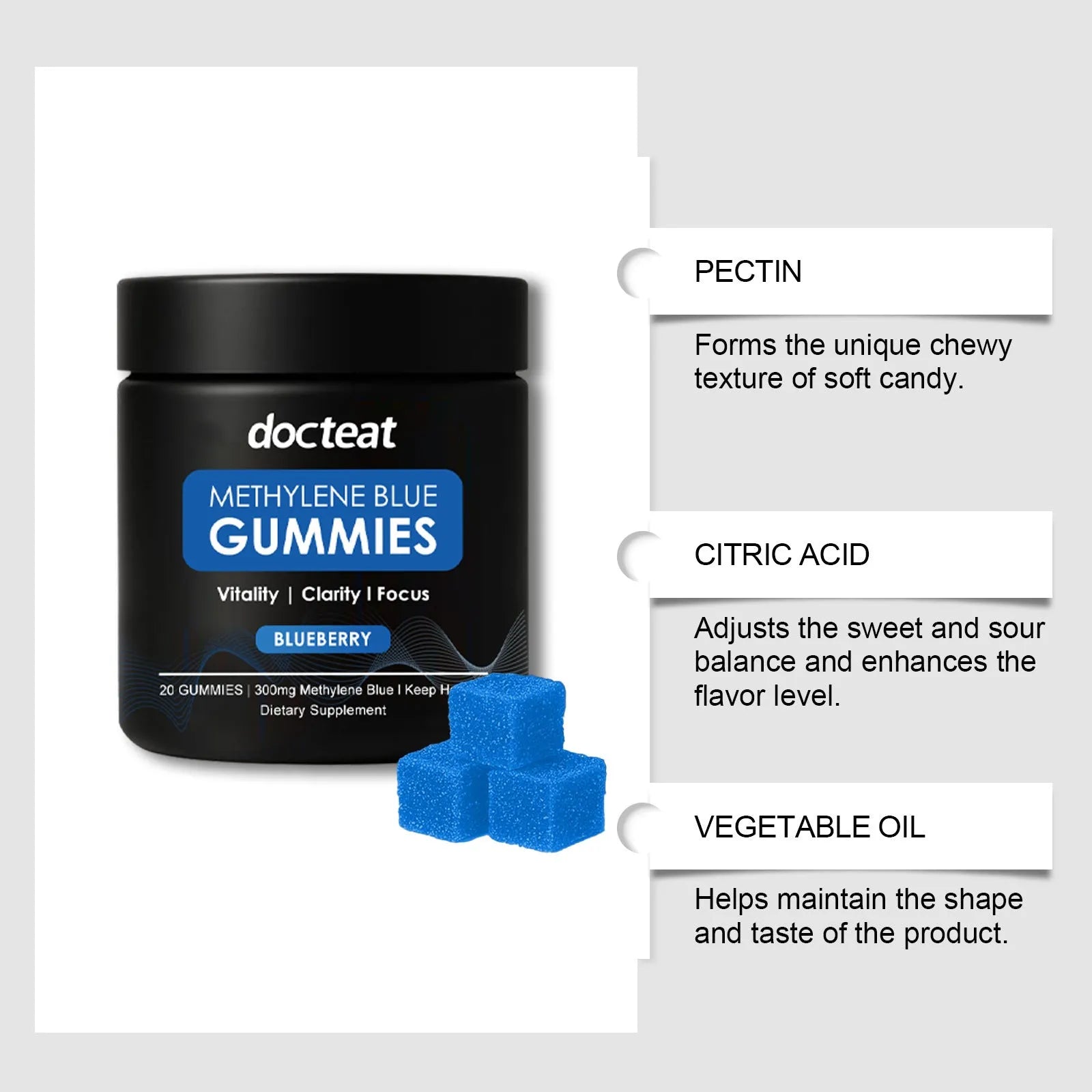 Pack of 20 soft candy gummy supplements with methylene blue and bitter cassava syrup