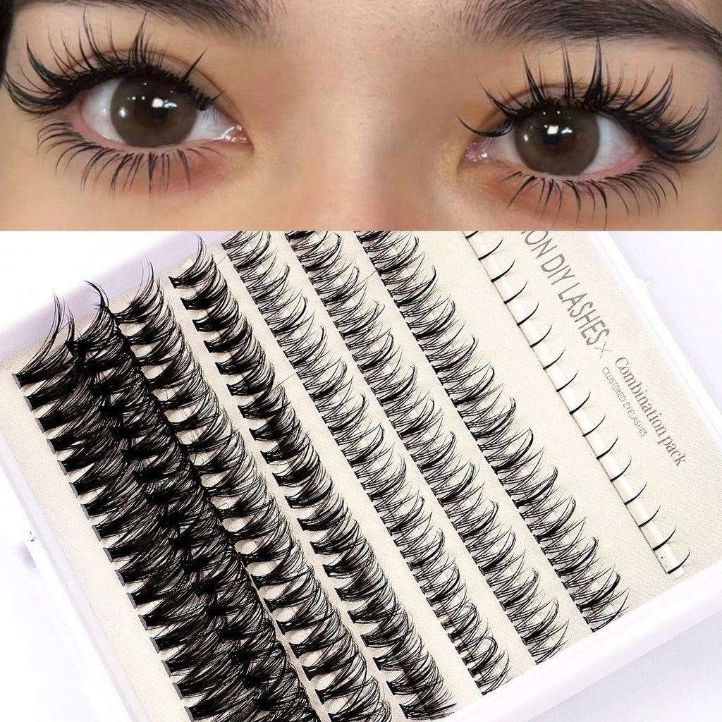 False eyelash glue kit with segmented artificial fibre lashes, pink and black adhesives, tweezers and brush applicators