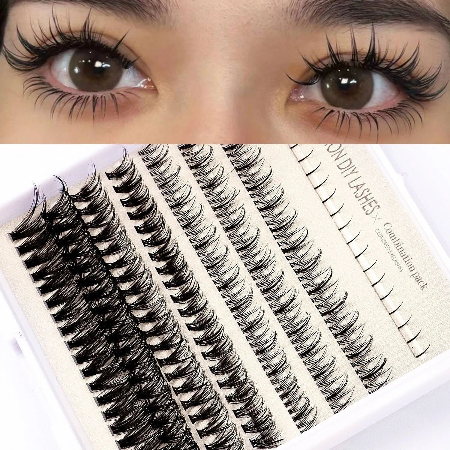False eyelash glue kit with segmented artificial fibre lashes, pink and black adhesives, tweezers and brush applicators