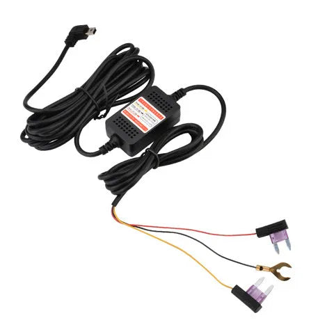 Dash cam hardwire kit power cord with red ACC wire, yellow power wire, black ground wire, and T-connector