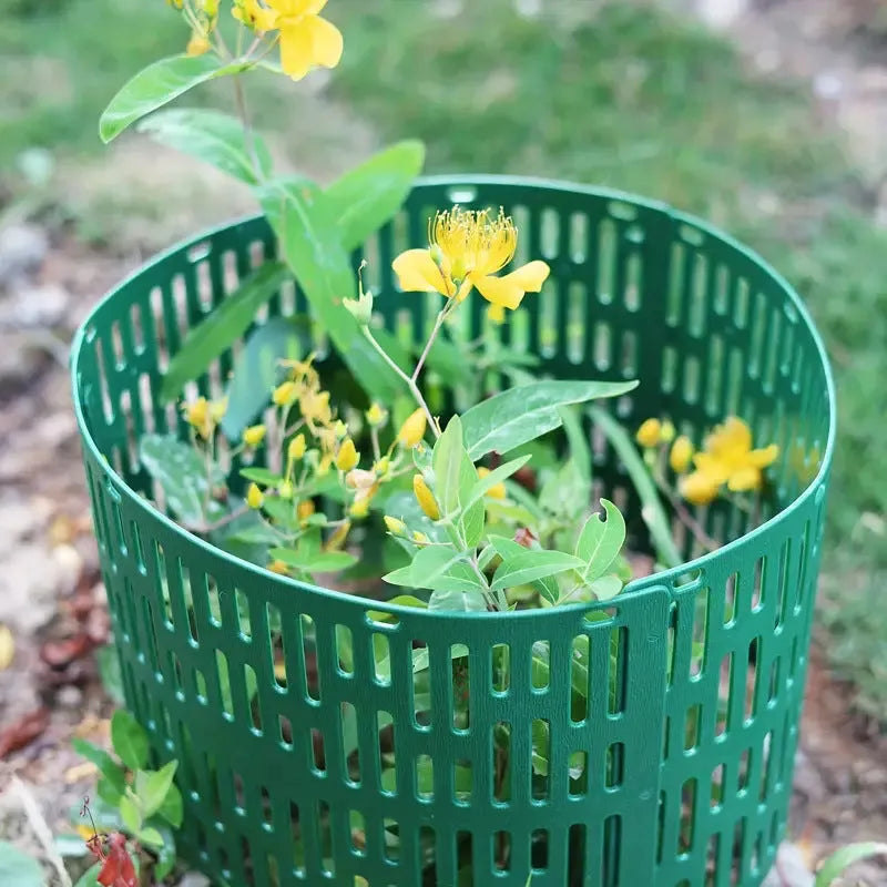Plastic simulated bark protective cover for trees in a garden setting, available in gray, green, and black