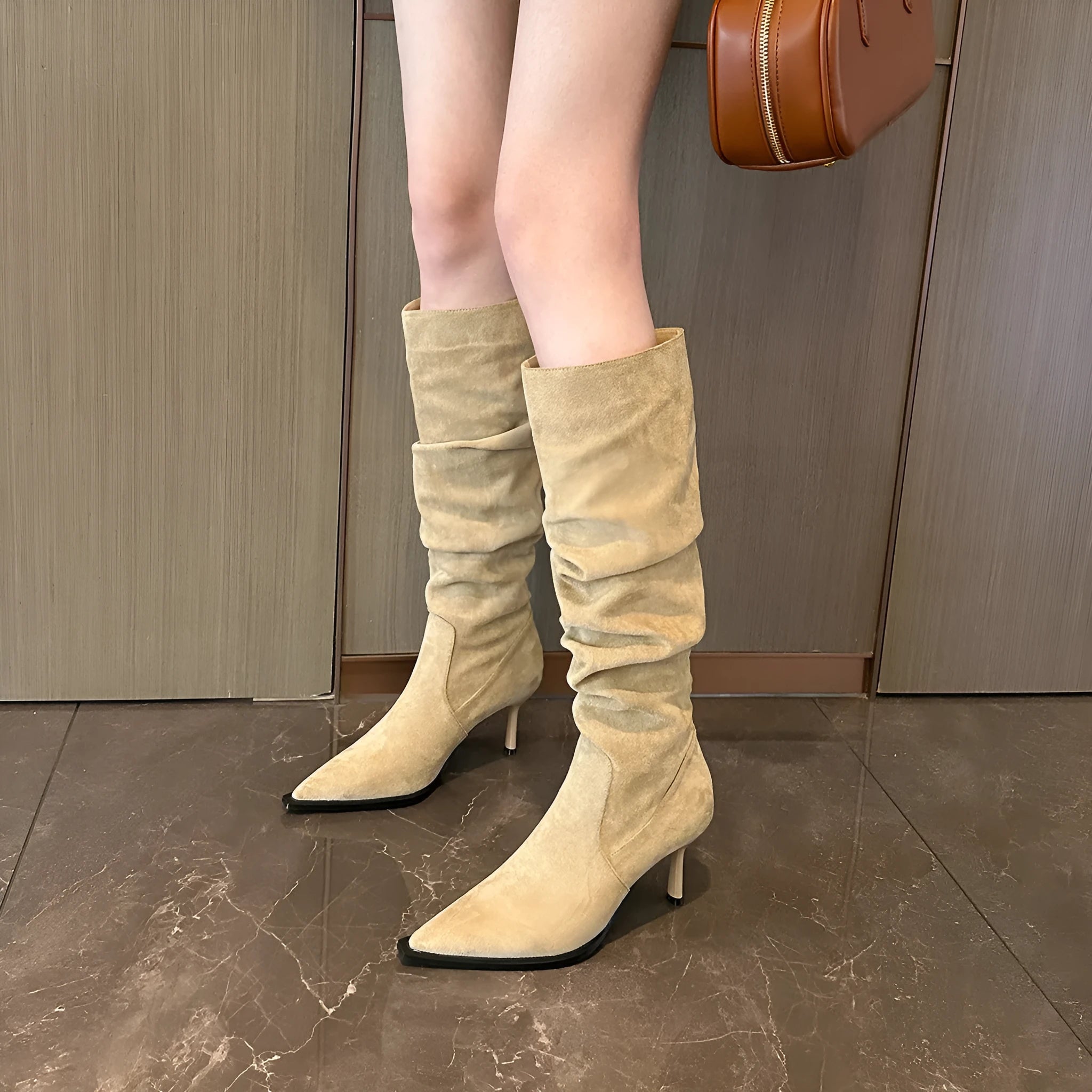 Women's pointed toe skinny boots below the knee in black artificial PU with side zipper and high heel