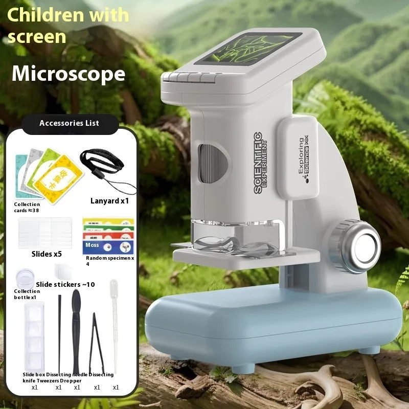 Smart digital microscope for kids with electronic belt display in blue gray and green ABS plastic with accessories