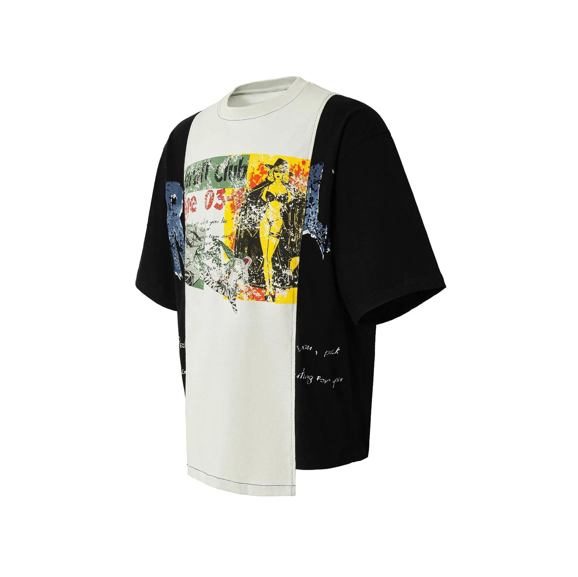 Black and white deconstruction print loose-fit cotton blend T-shirt on a hanger