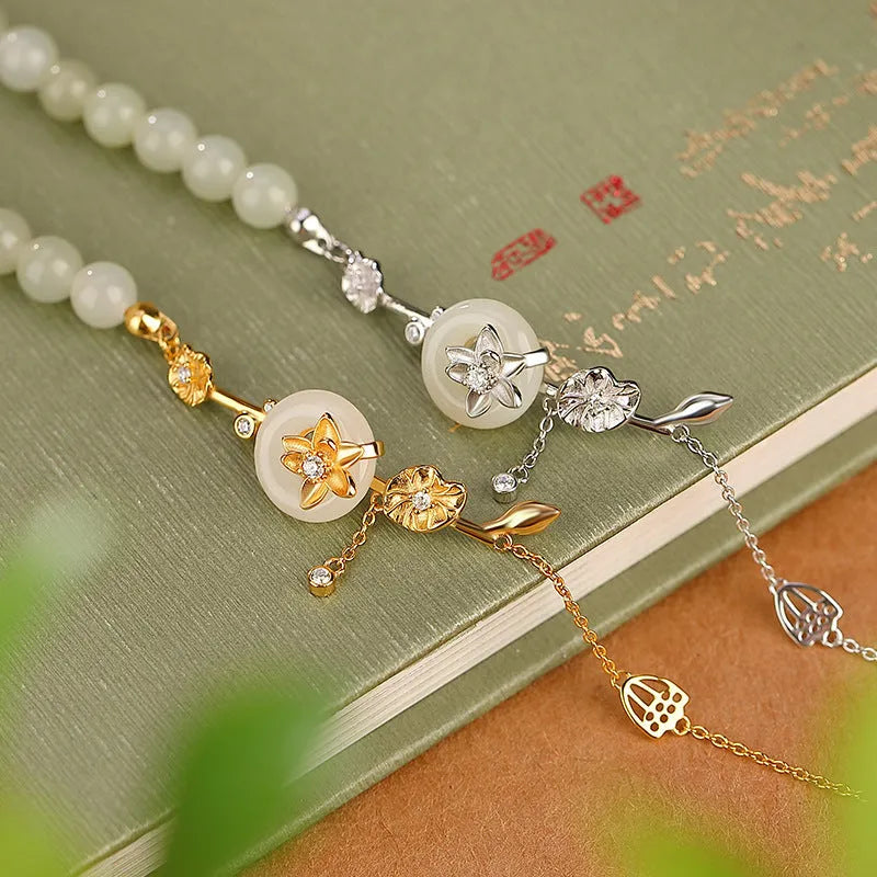 Hetian jade and 925 silver peace buckle bracelet with auspicious patterns in antique retro style