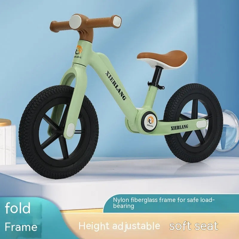 Foldable kids balance bike in grass green, light brown or pink purple, nylon glass fibre, 12 inch and 14 inch sizes