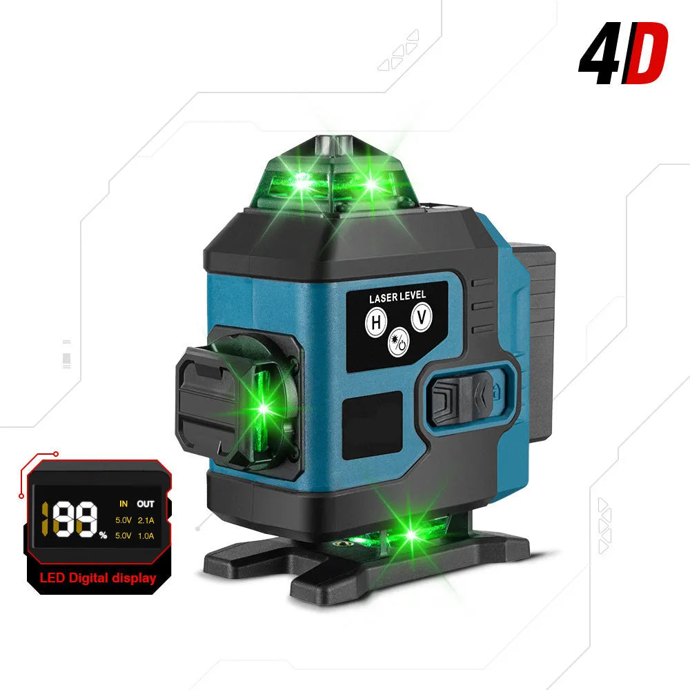 16-line infrared laser level with ABS housing and dual power supply, placed on a floor surface projecting laser lines