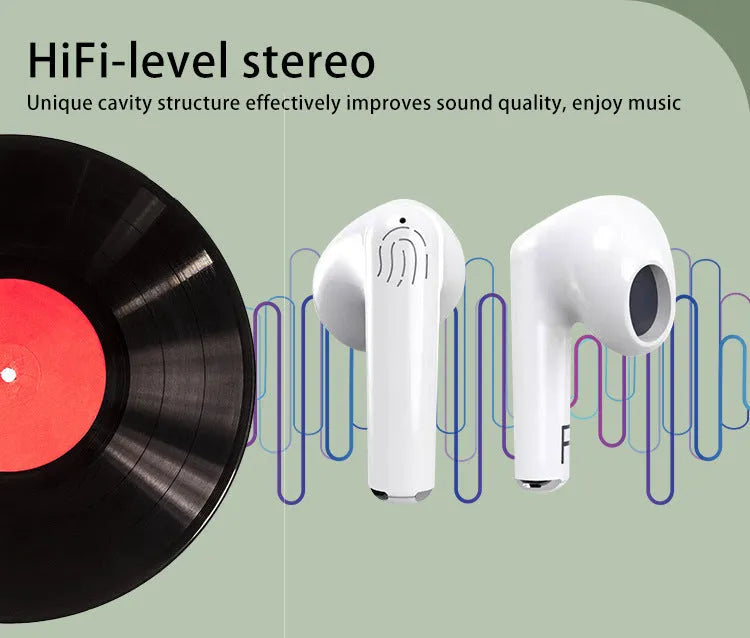White wireless Bluetooth semi-in-ear earphones with a charging case on a plain background.
