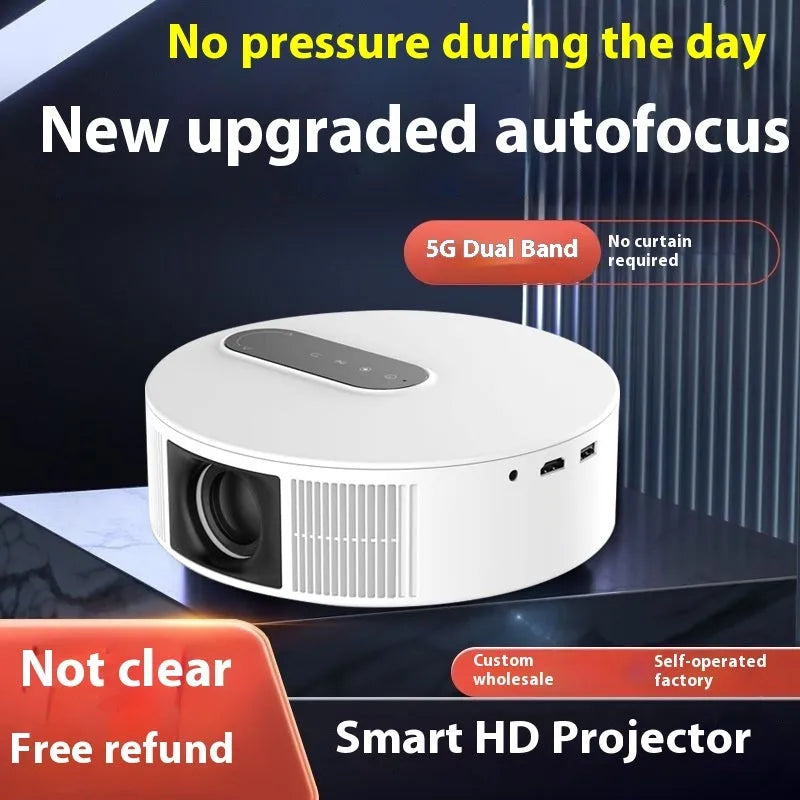 White HD projector with remote control for home cinema setup