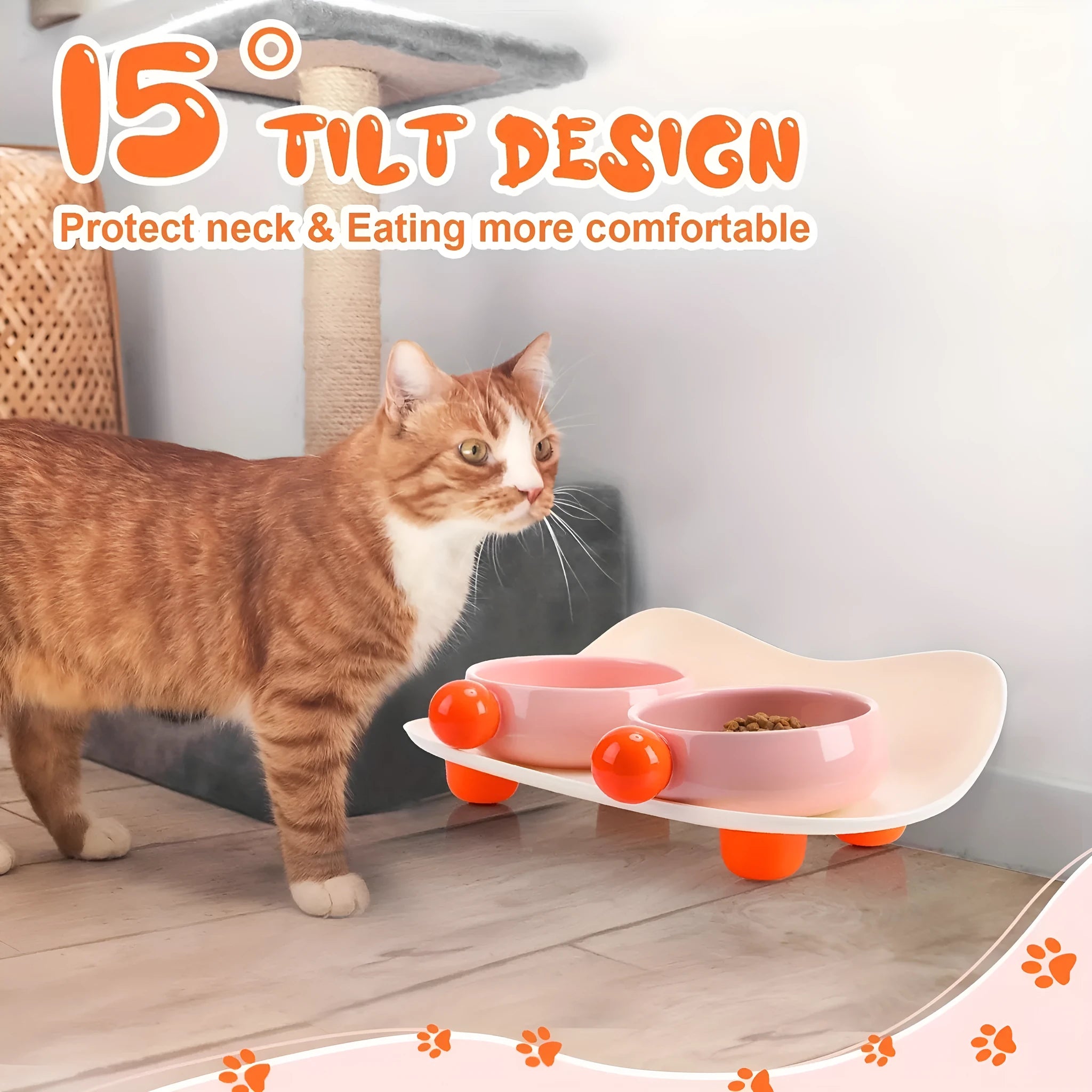 Ceramic pet feeding bowl set with two raised bowls and non-slip base in pink colour