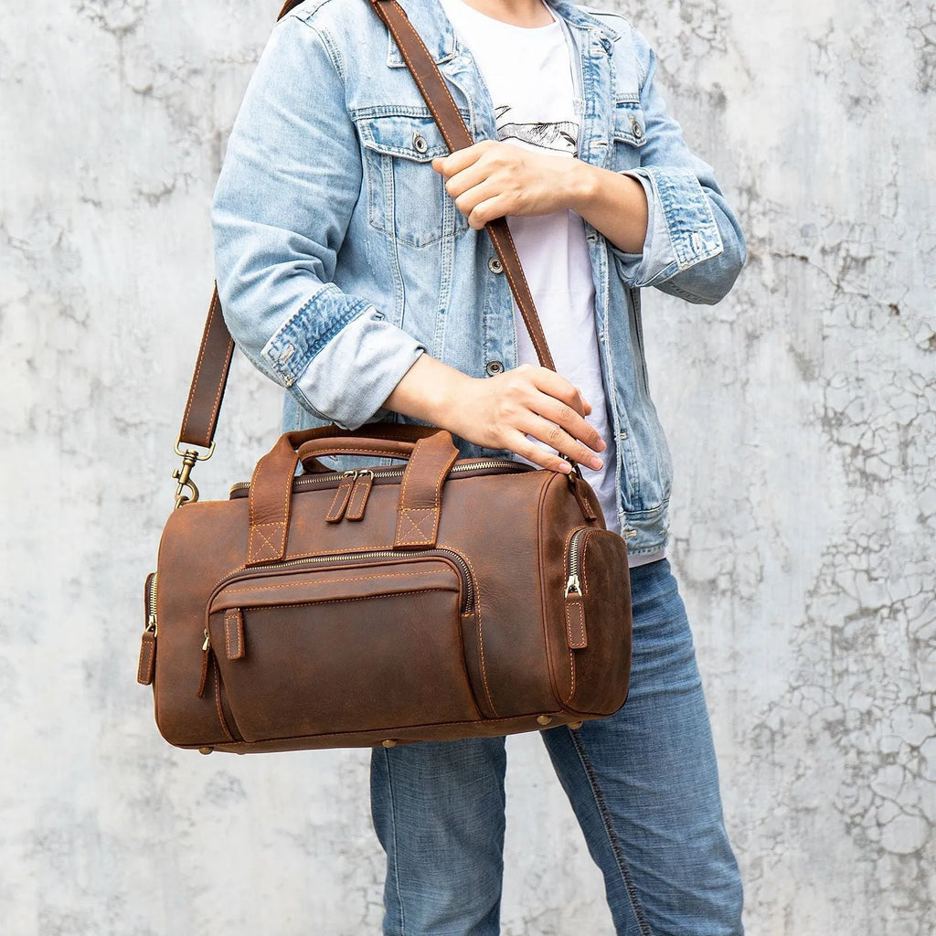 Handmade retro leather holdall 41x19.5x24cm in coffee with soft shoulder strap and multiple zip pockets