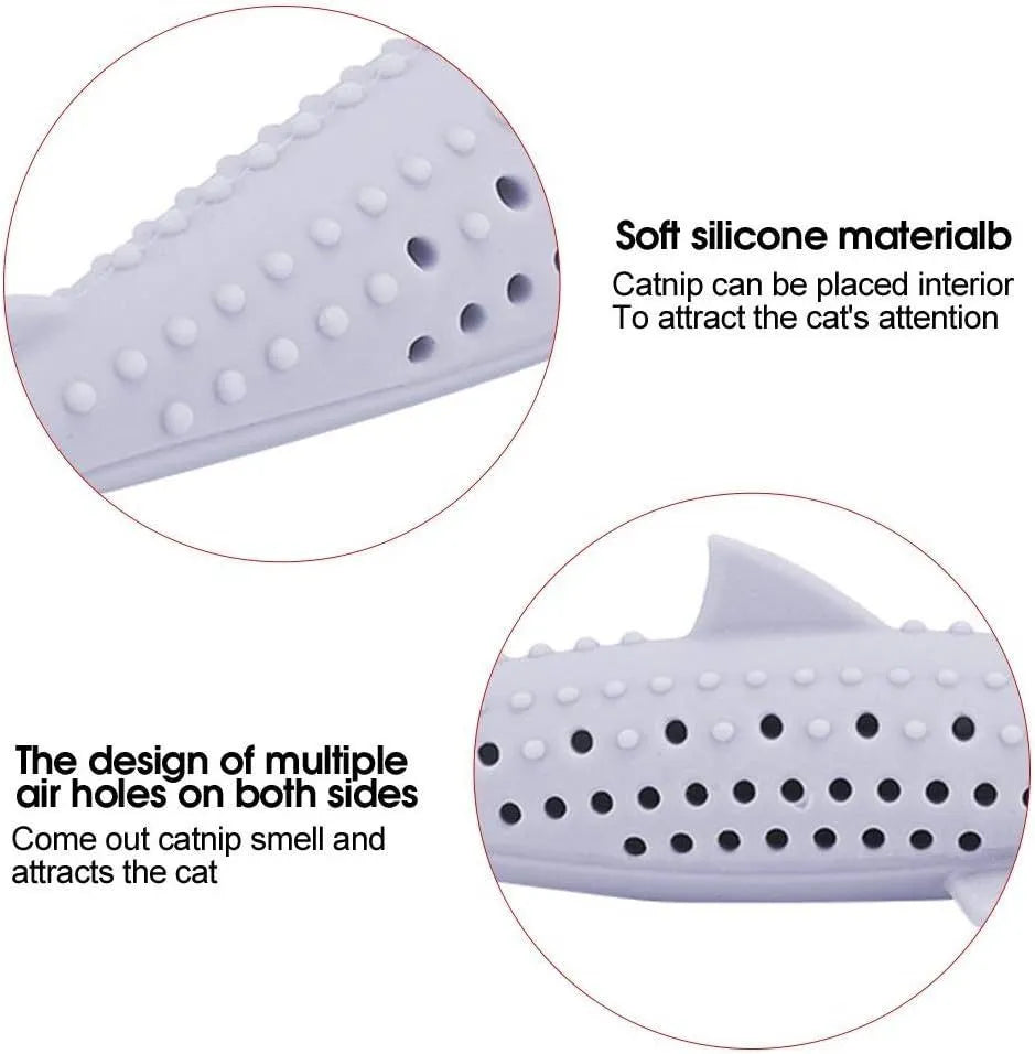 Green fish-shaped silicone chew toy for cats with breathable side holes for dental cleaning and pressure relief
