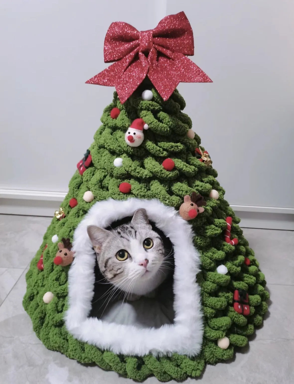 Grey handmade felt cone cat house measuring 50cm diameter by 51cm height