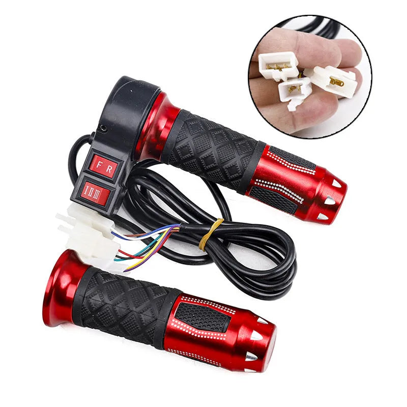 Three-wheel electric car accelerator modification kit showing a three-speed rotating handle in gold with a 3-wire plug.
