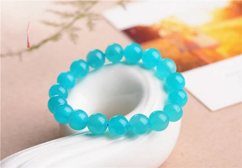 Loose polished Grade 7A Amazonite beads in various sizes on a white background.
