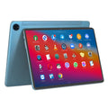 10-inch business tablet in bare metal blue with leather keyboard case open showing keyboard and screen
