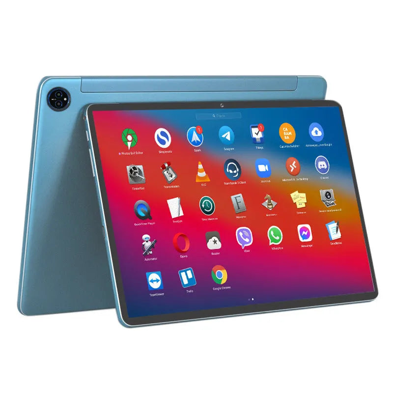 10-inch business tablet in bare metal blue with leather keyboard case open showing keyboard and screen