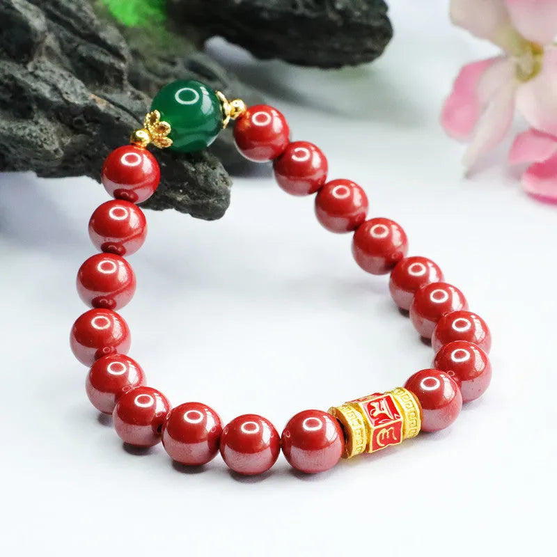 Emperor sandstone cinnabar bracelet with six-words proverb engraving showing 8mm bead diameter