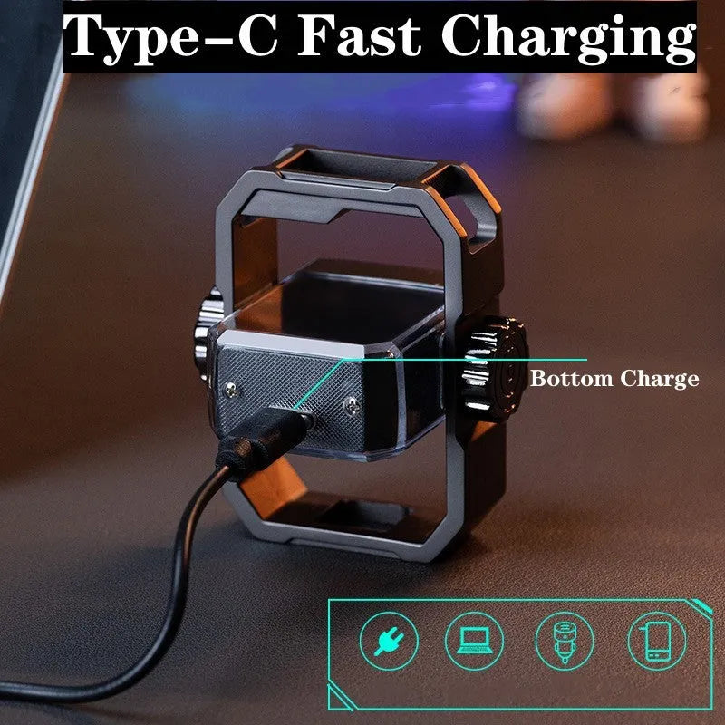 Pulse Lighter showing windproof double arc, USB-C port, and mechanical gyroscope in folded and open positions.
