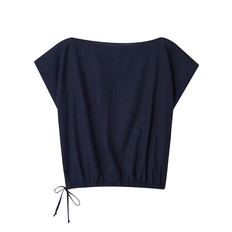 Women's linen-blend co-ord set featuring an off-neck top with flounced sleeves and wide-leg trousers.