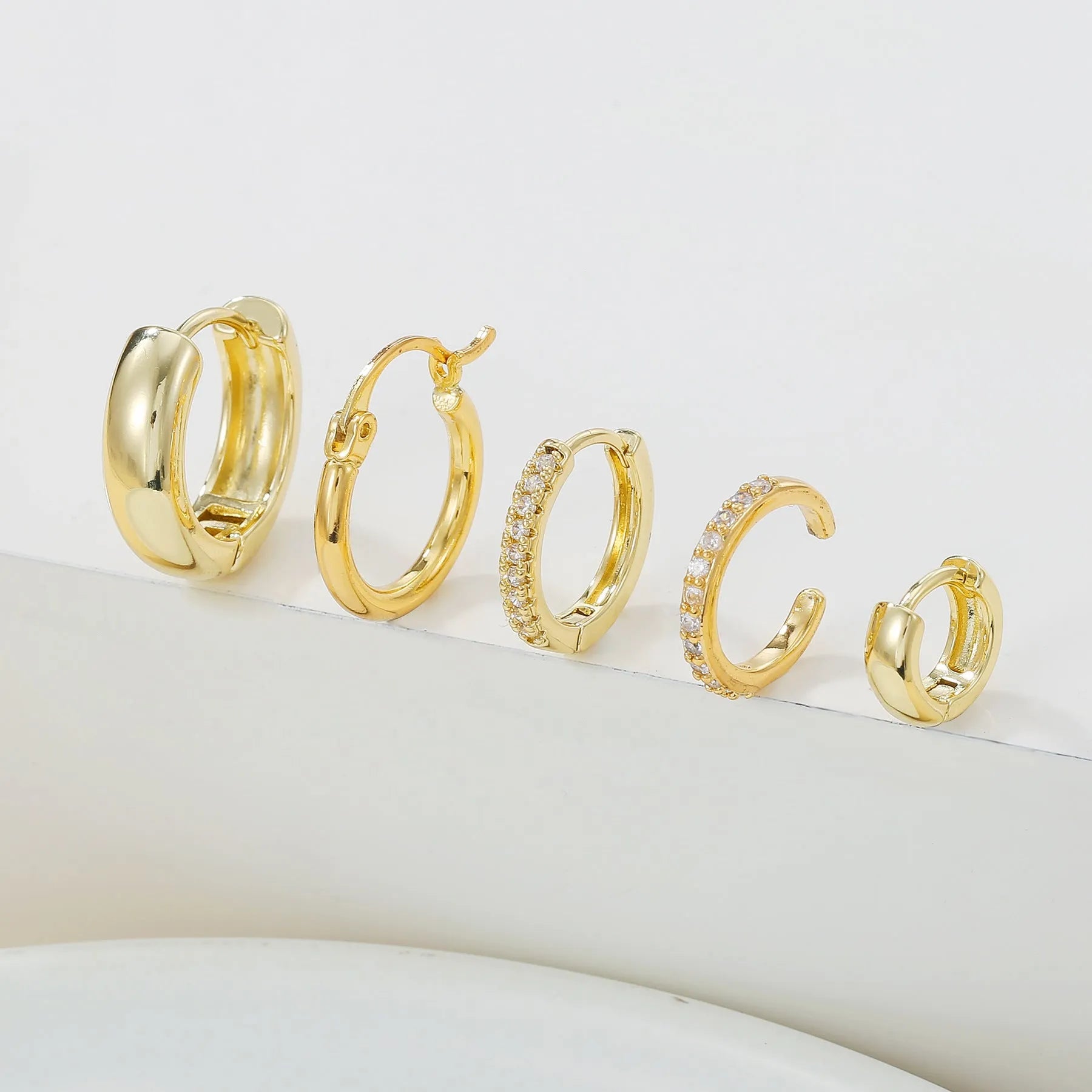 Inlaid zircon round geometric stud earrings set of five copper base gold and white K tones for women
