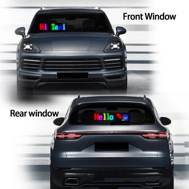 Programmable full-colour LED display sign showing animated text on a flexible circuit board.