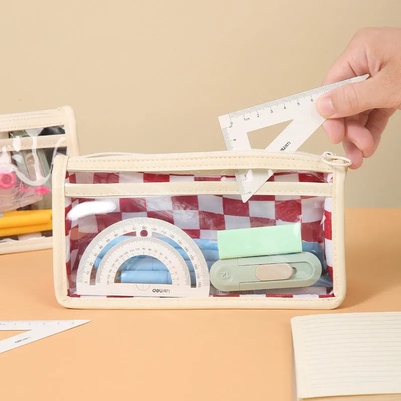 Large transparent PVC pencil case with chessboard grid pattern in black and white plaid.