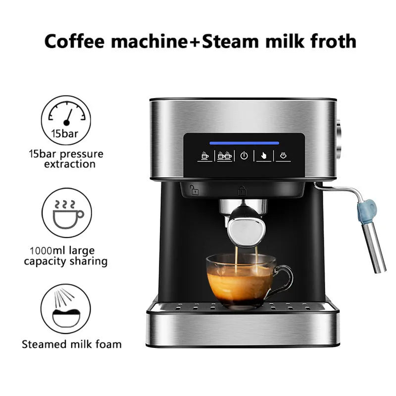 Black home espresso machine with steam milk frother, 1.6L tank, 850W, touch controls, EU plug