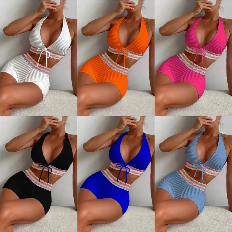 Women's high waist bikini swimsuit in multiple colours with striped and solid patterns