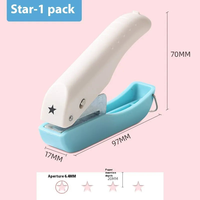 Manual embossing punching machine with heart, star, and small round 4mm and 6mm dies for paper crafts.