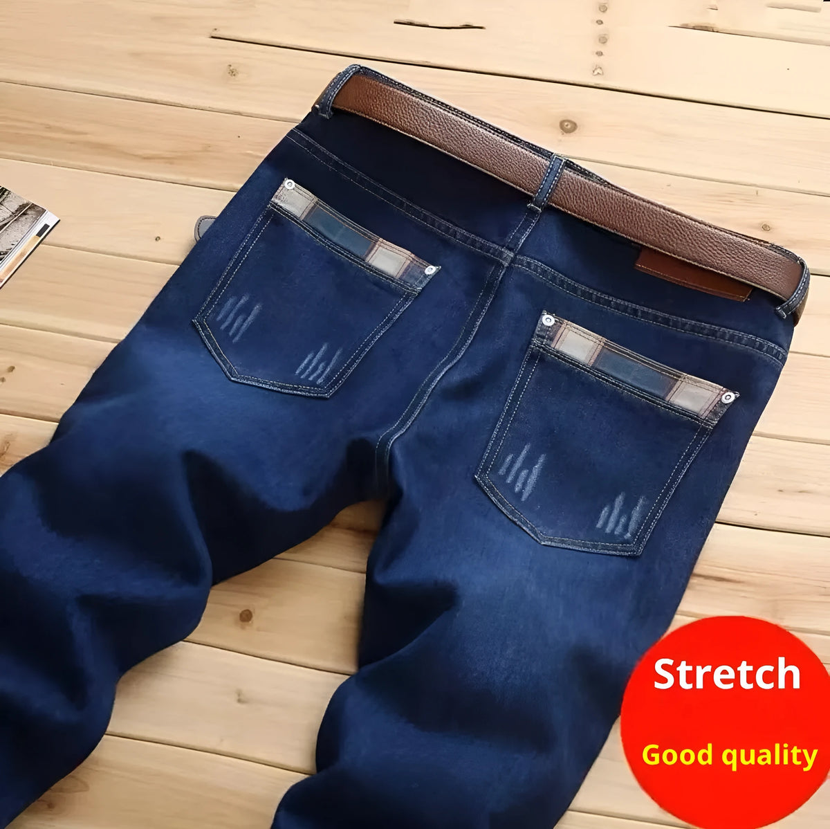 Men's slim-fit skinny jeans in dark blue, mid-rise with zipper fly, sizes 28 to 40