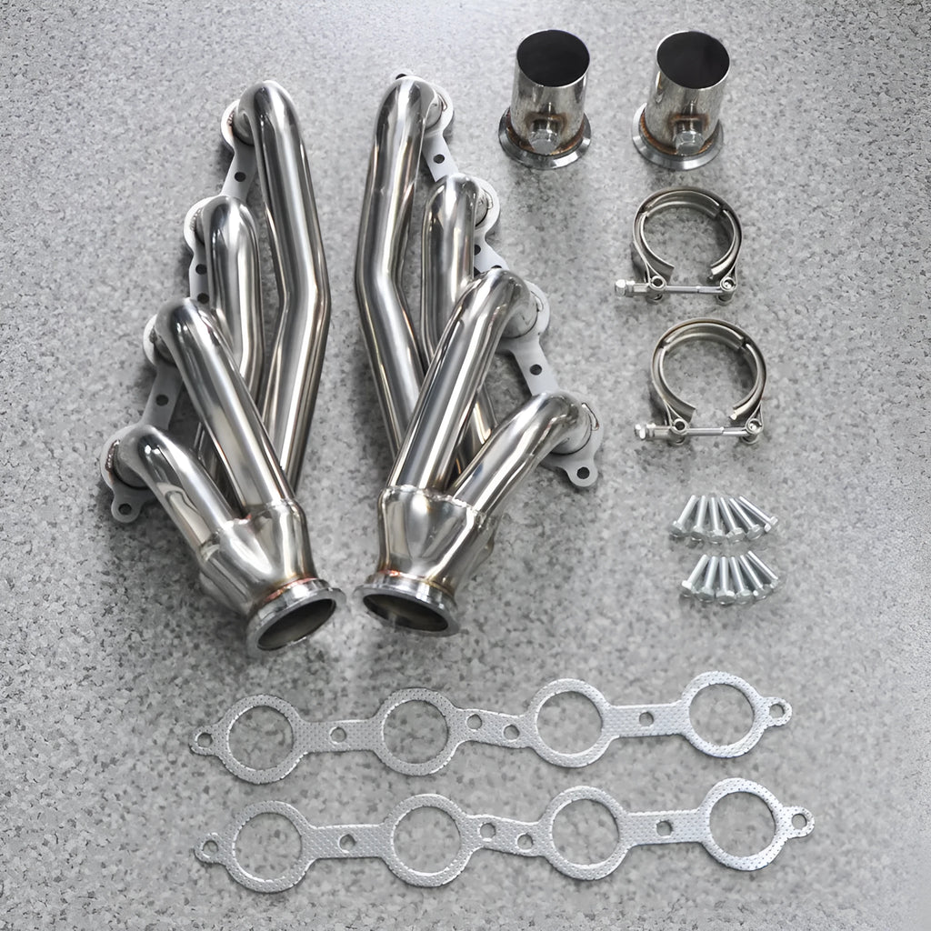 Modified silver 304 stainless steel exhaust manifold for Chevrolet LS engines