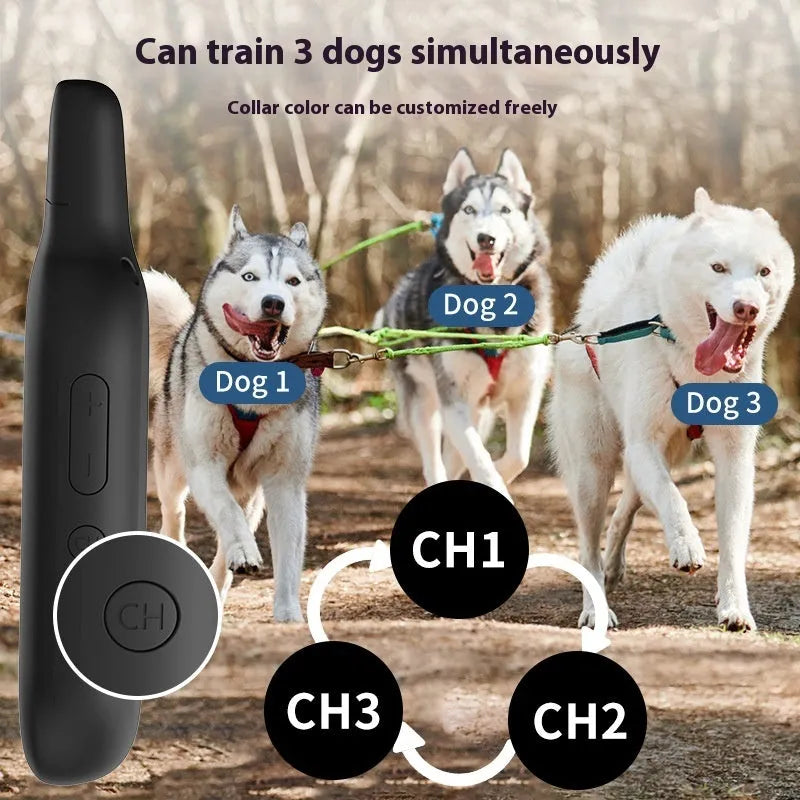 Black waterproof remote control dog trainer with ABS material collar and handheld remote on a neutral background.