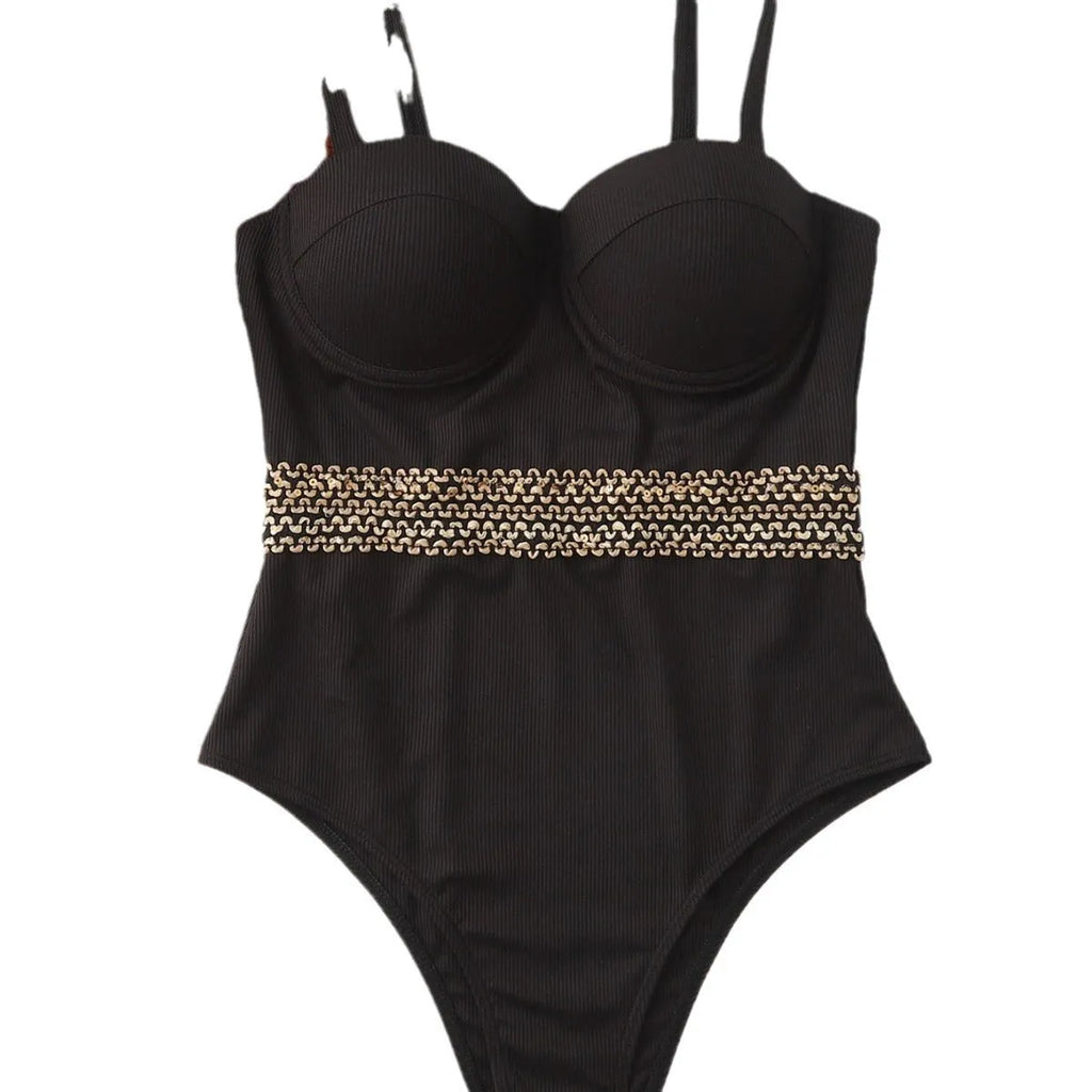 Black women's one-piece swimsuit with a matching hard storage bag that has an adjustable shoulder strap.