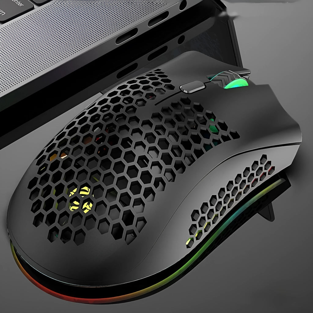 Hollow out design wireless computer mouse with luminous effects in black, cyan or white colours