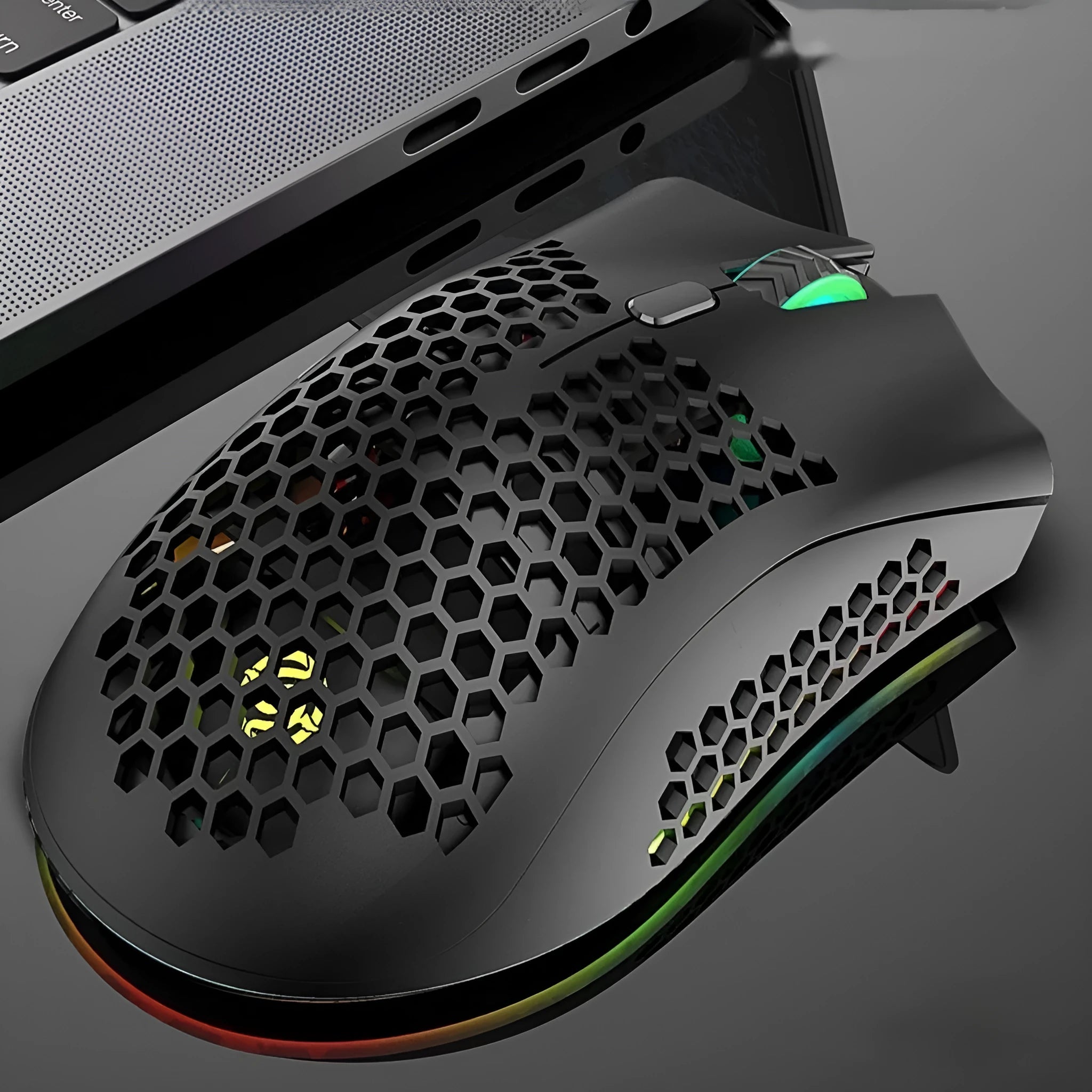 Hollow out design wireless computer mouse with luminous effects in black, cyan or white colours