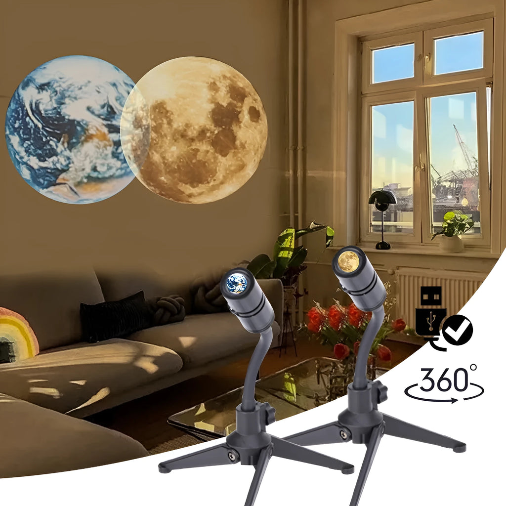 2 in 1 Earth and Moon star projector lamp with adjustable hose bracket on a table