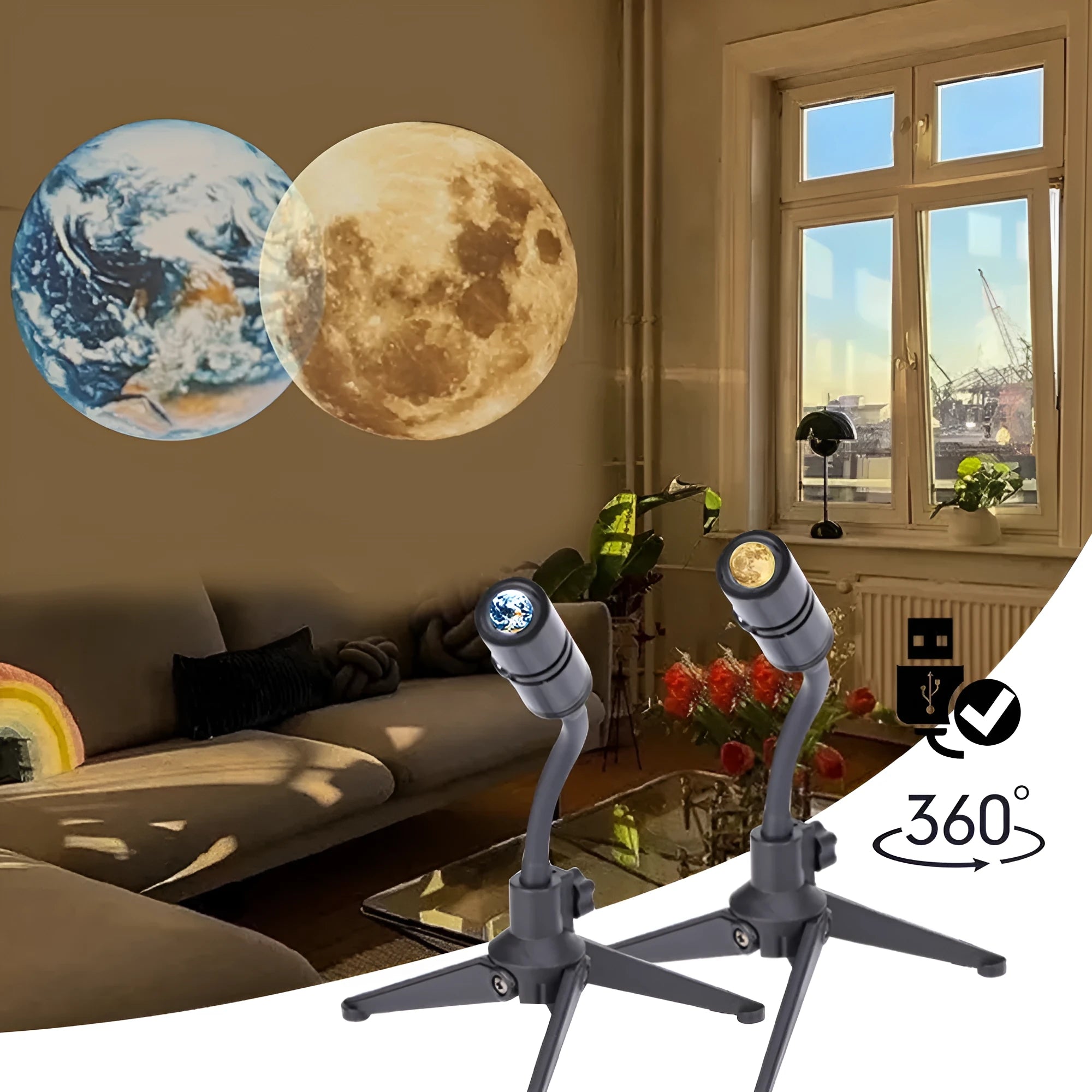 2 in 1 Earth and Moon star projector lamp with adjustable hose bracket on a table