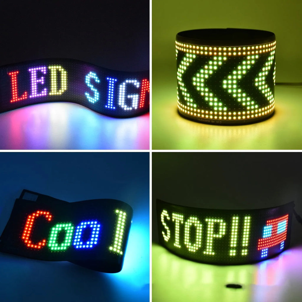 Programmable full-colour LED display sign showing animated text on a flexible circuit board.