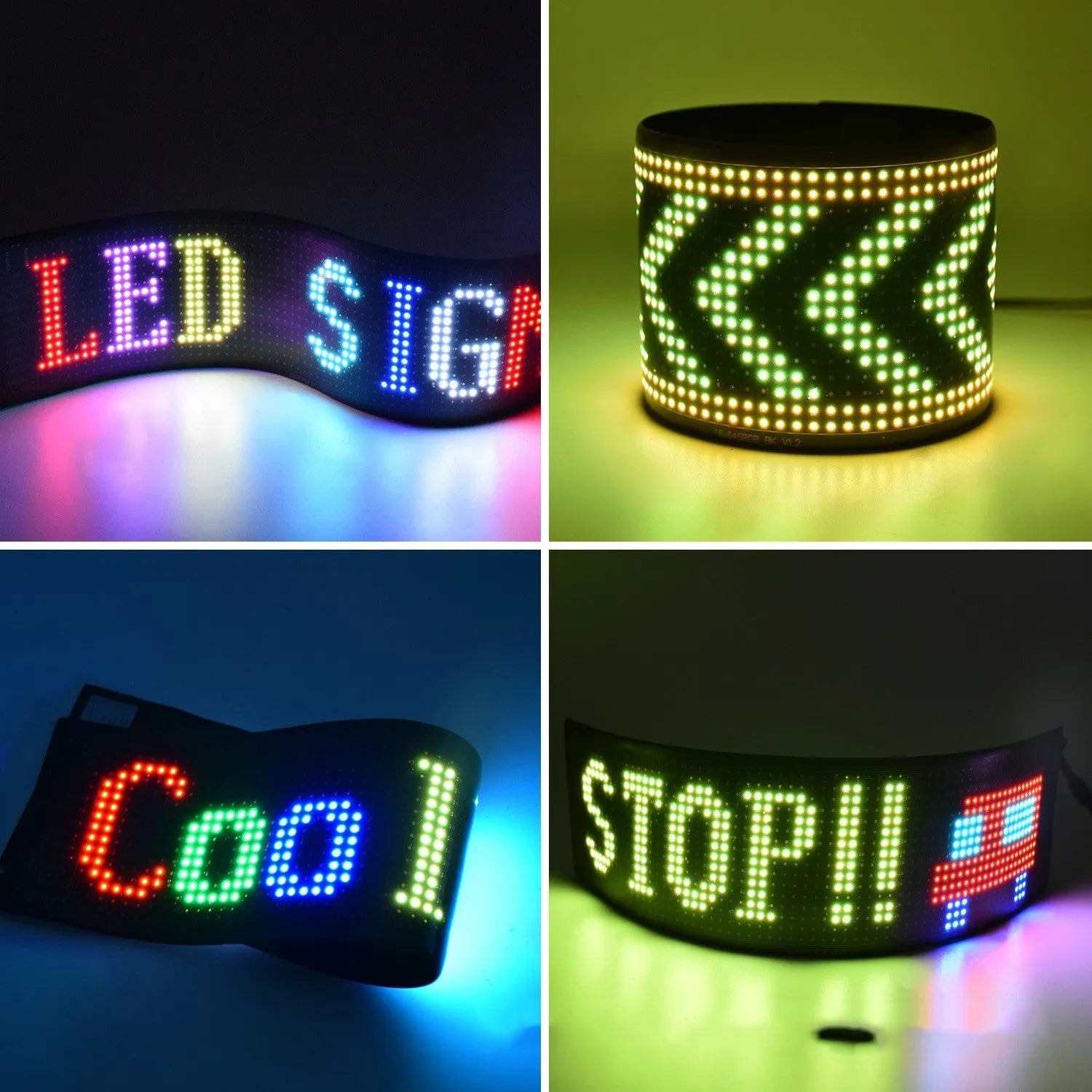 Programmable full-colour LED display sign showing animated text on a flexible circuit board.