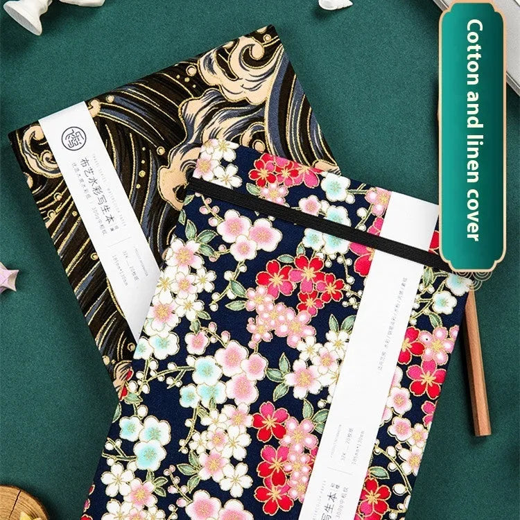 Feiluniao handmade watercolour notebook with fabric cover showing thematic design options