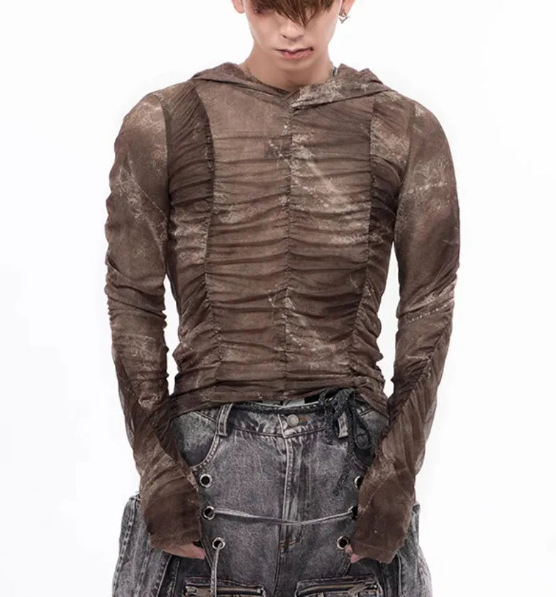 Boys lightweight ice silk shirt with printing and pleating details in casual style
