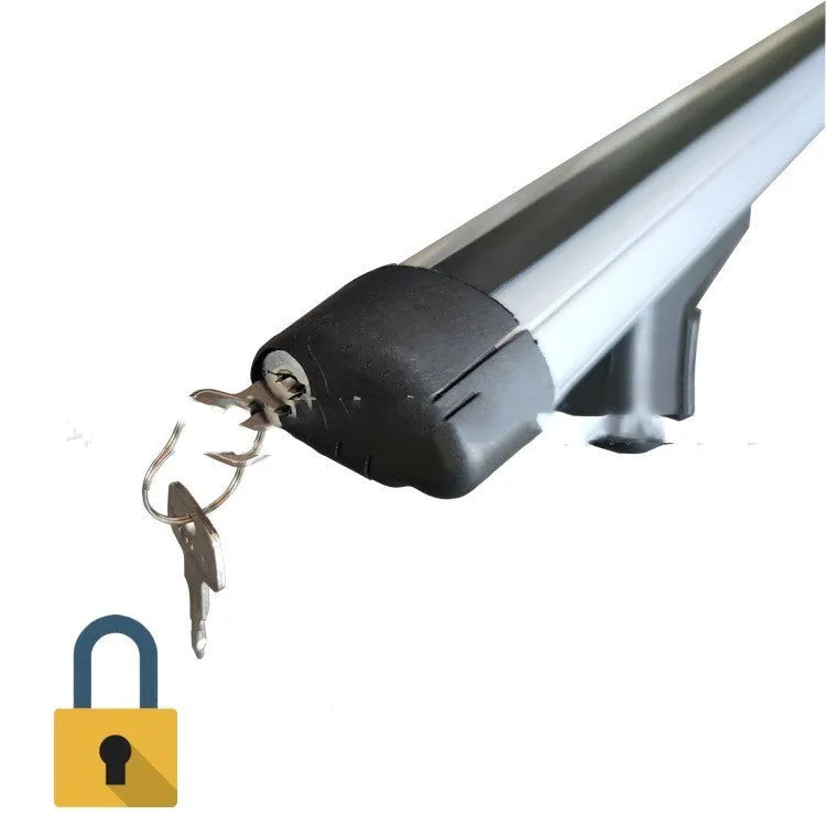 Black alloy GM SUV roof rack cross bars set showing adjustable length on vehicle roof.