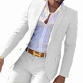 Men's purple cotton banquet suit comprising a jacket and trousers, shown on a hanger.